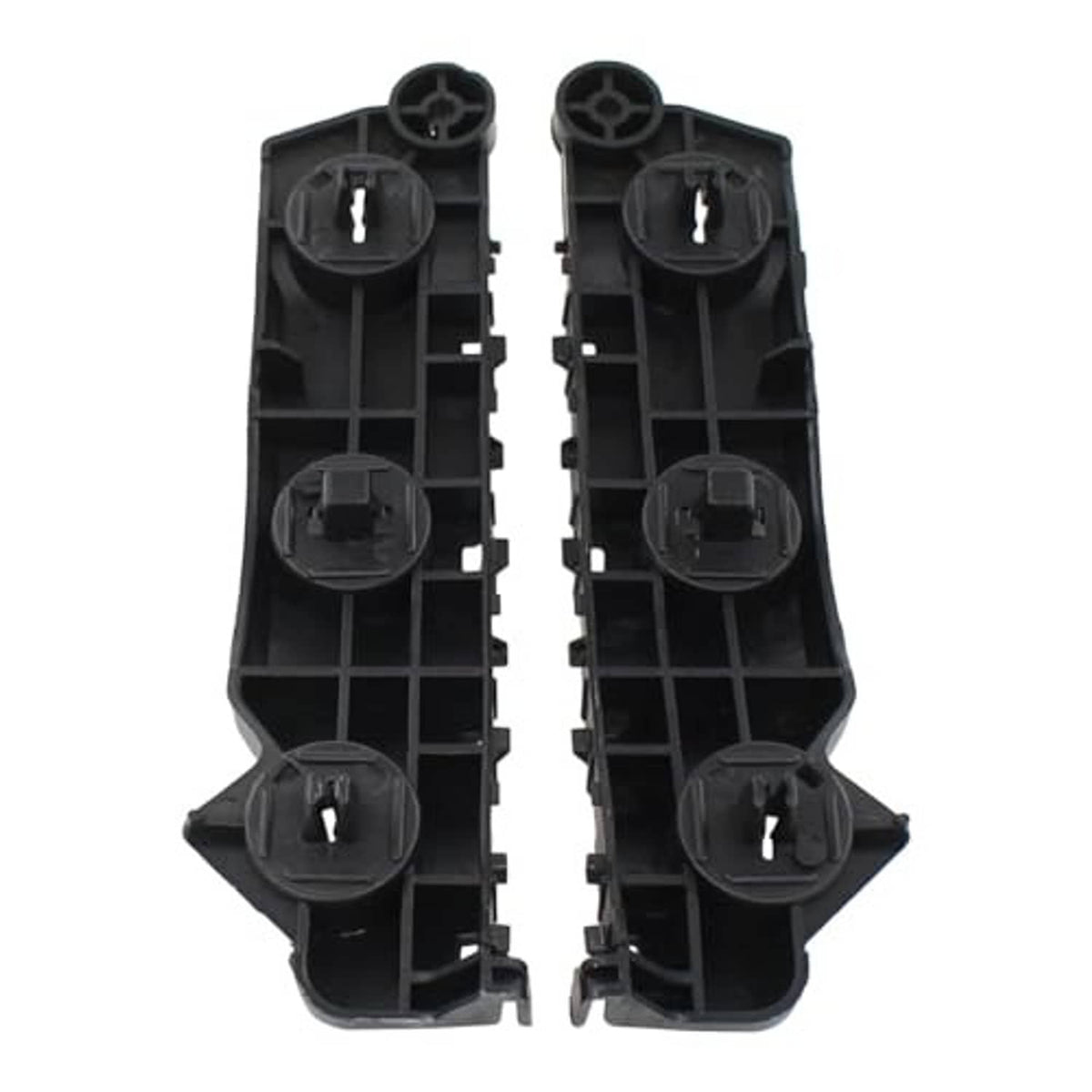 Front bumper bracket pair, black plastic interior view with grid channels and mounting pegs.