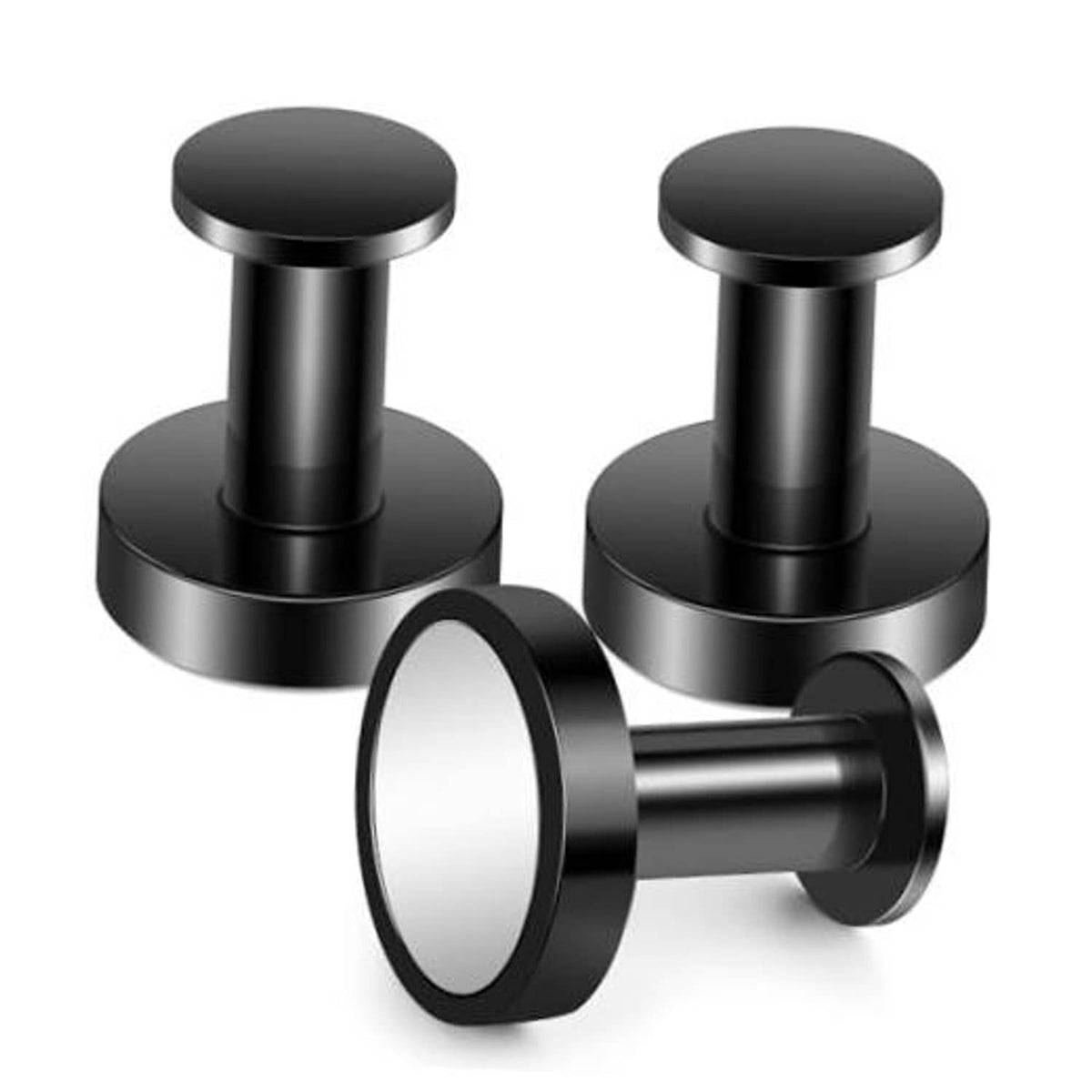 Magnetic hook set with three black round bases and cylindrical metal rods