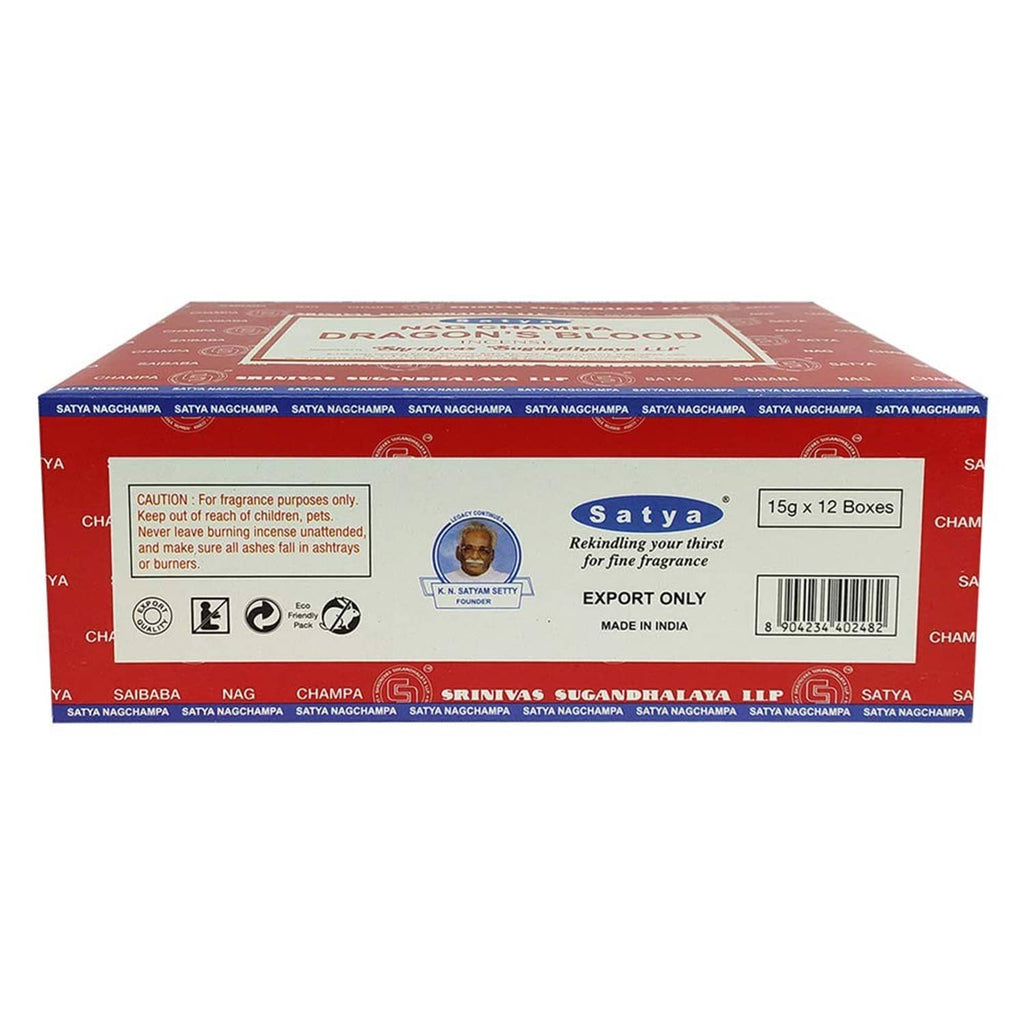 Nag Champa Dragon’s Blood incense box back label and caution text