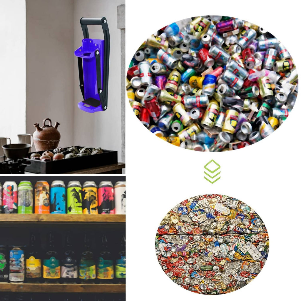 Blue wall-mounted can crusher with black frame and handle for crushing cans