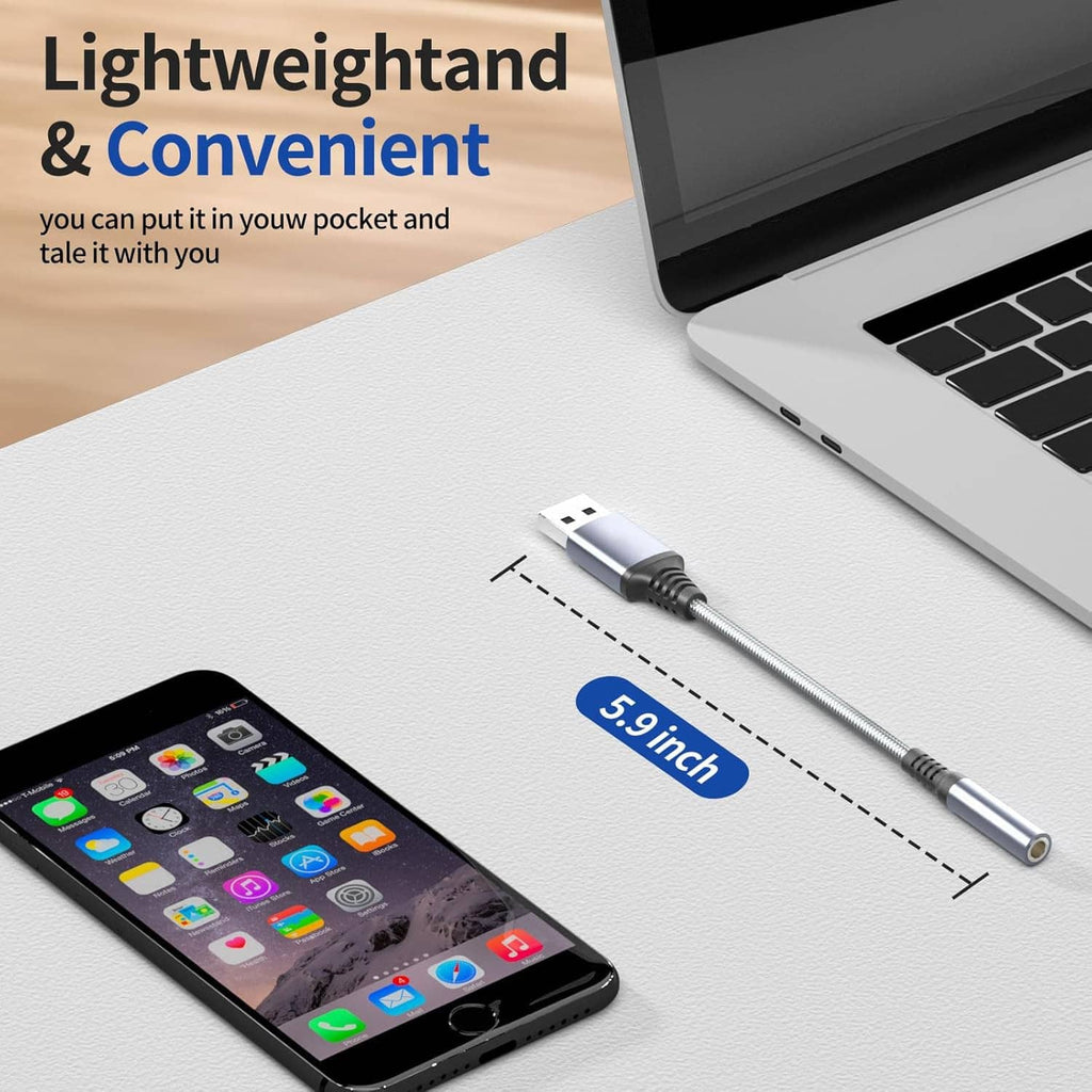 USB audio adapter with USB-A plug and 3.5mm audio end on braided cord