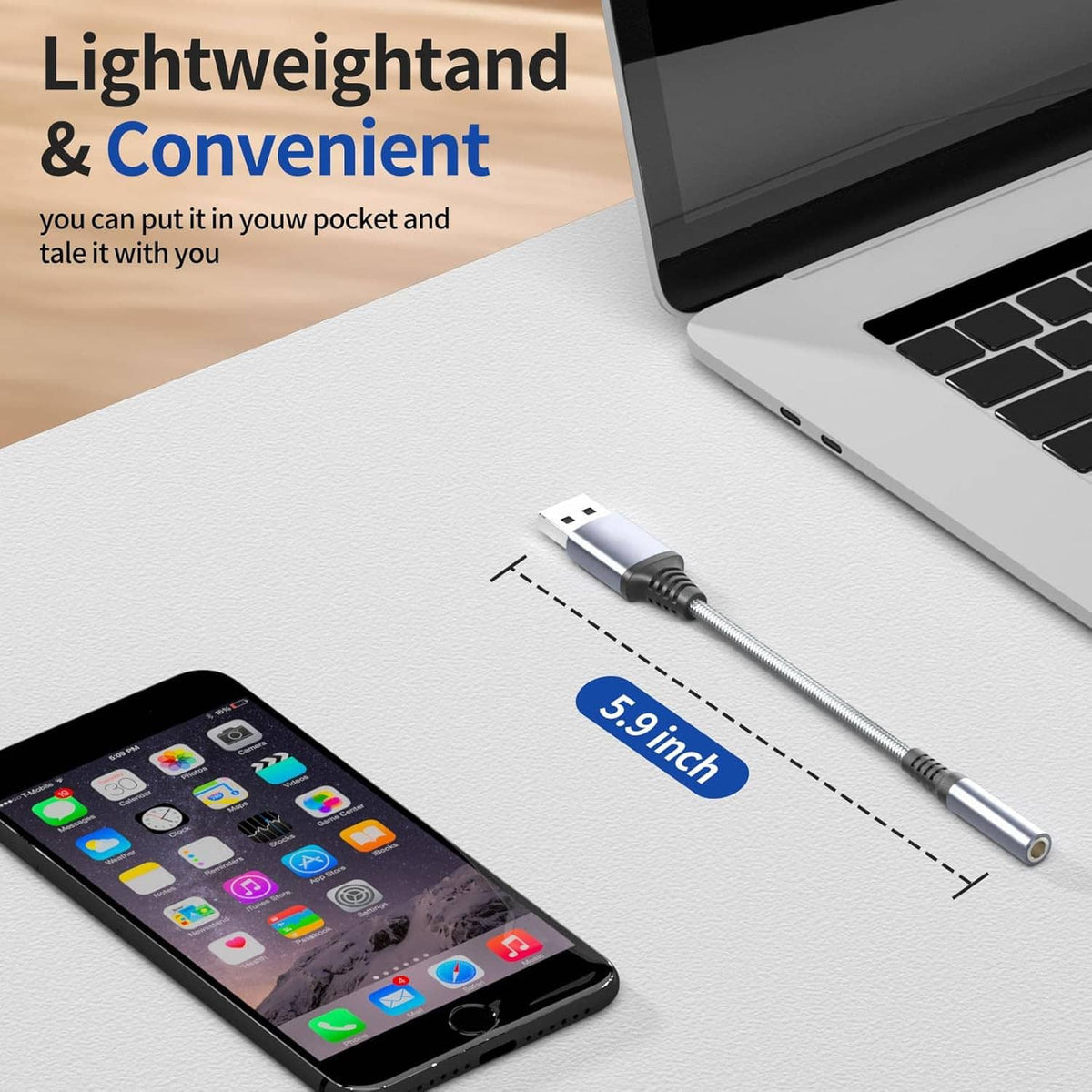 USB audio adapter with USB-A plug and 3.5mm audio end on braided cord