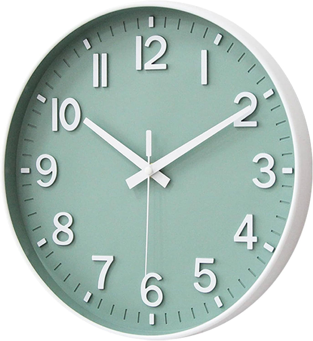 Round teal-green wall clock with white hands and bold numerals, no visible tick marks.