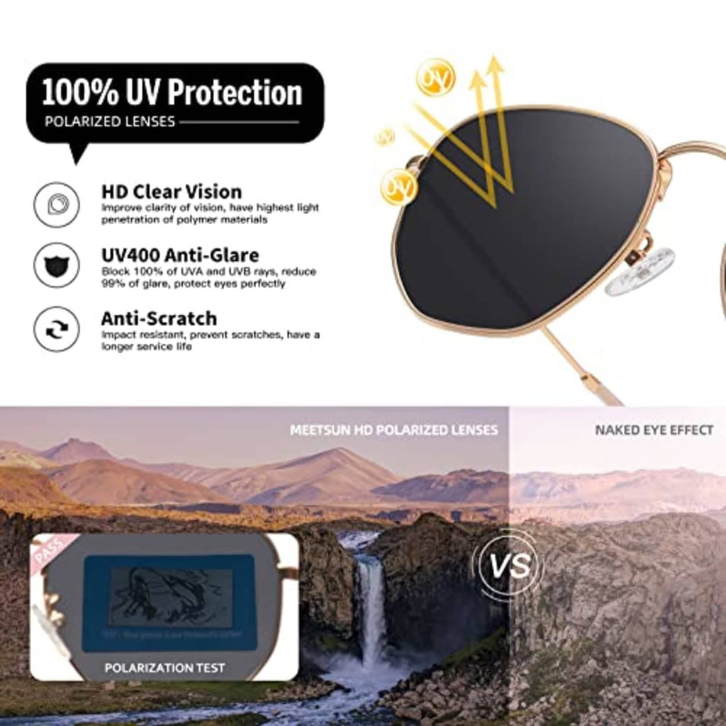 Gold hexagon sunglasses with dark lenses and thin metal frame, front view