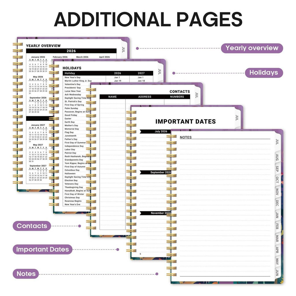 Additional planner pages including yearly overview, important dates, contacts list, and notes