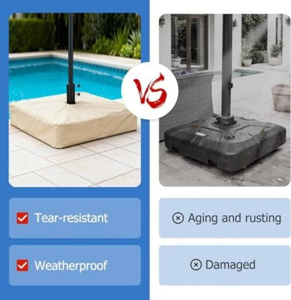 Beige umbrella base cover with umbrella pole, corner protection icons shown around it