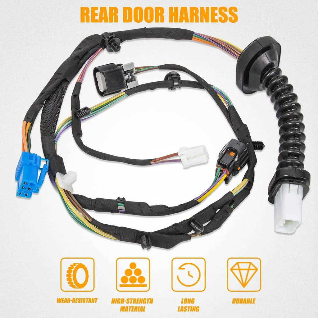 Rear door wiring harness with black harness, blue wiring plug, and coiled sheath