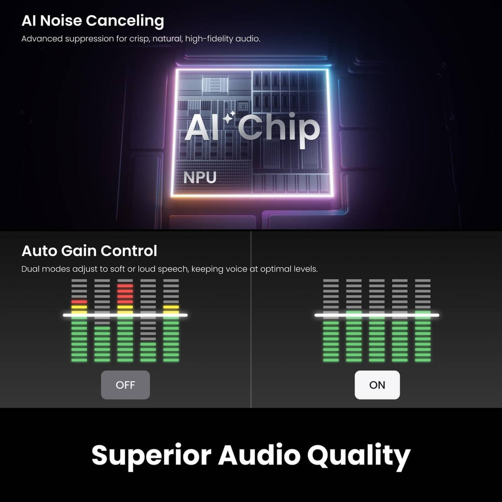 Graphite wireless transmitter with e-ink screen shown with AI noise-canceling graphic
