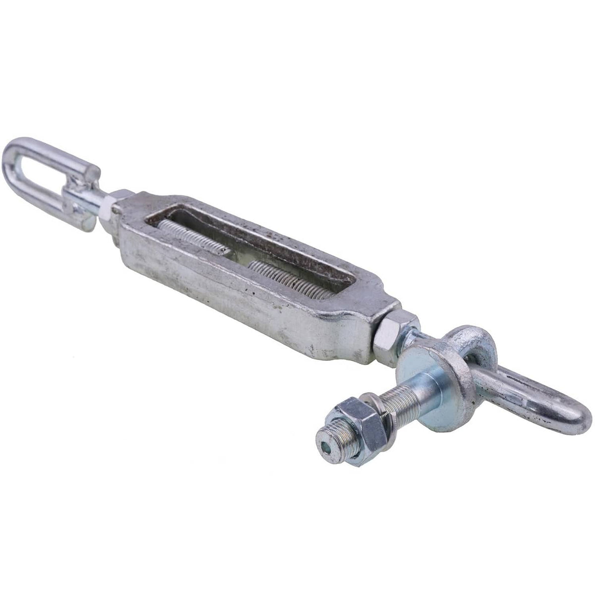 Adjustable turnbuckle stabilizer with central threaded tube and hook-style end, zinc-gray