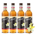 Vanilla syrup bottles (pack of four), amber liquid with vanilla labels and black caps