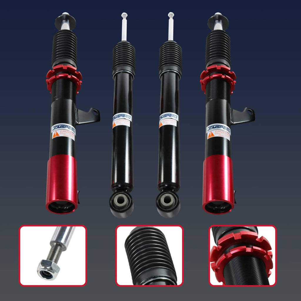 Coilover strut pair view with black shocks, red collars, and visible top mounting