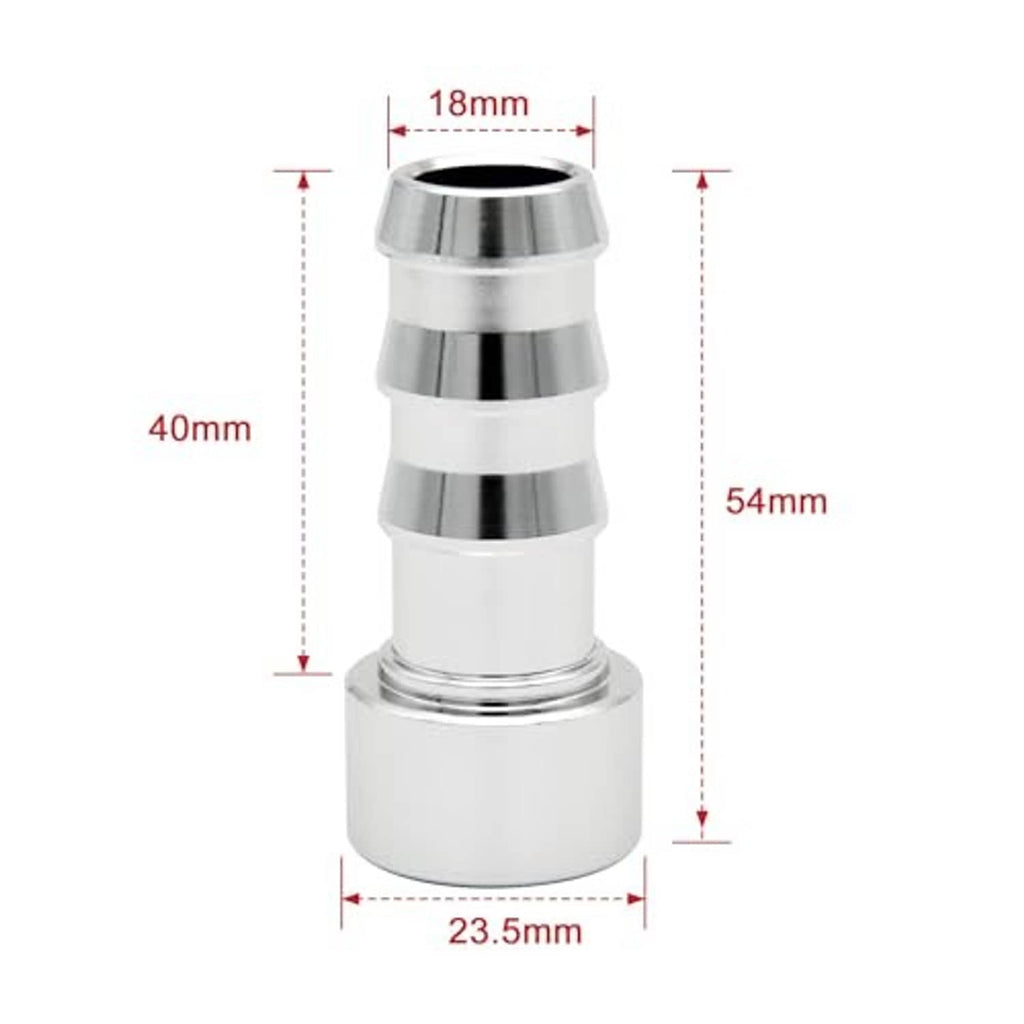 Metal hose barb tail nipple adapter with banded body and front flange, with dimensions