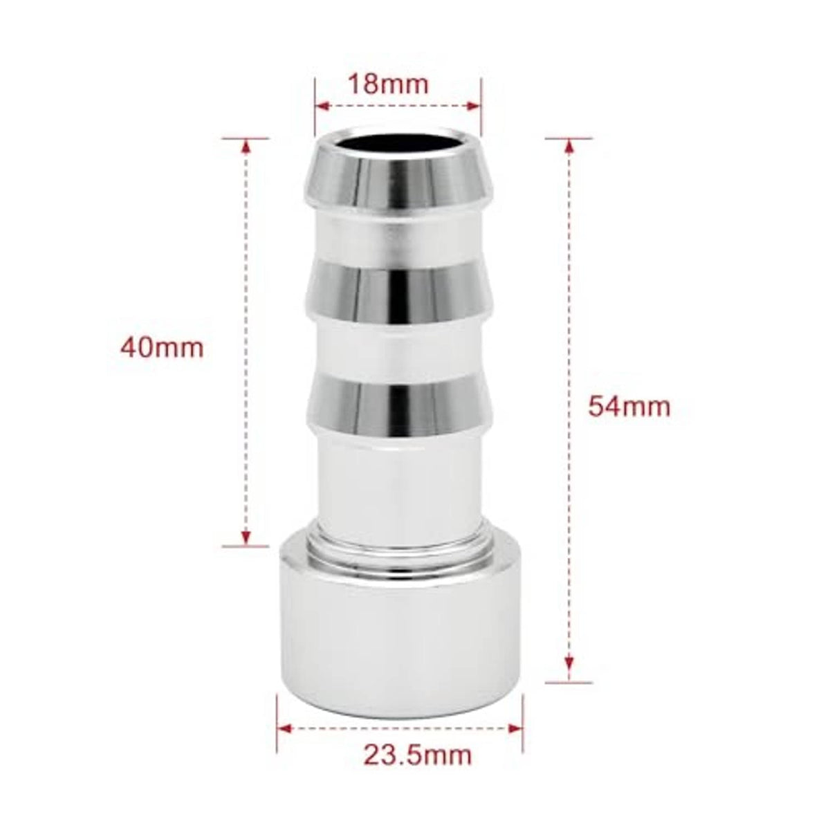 Metal hose barb tail nipple adapter with banded body and front flange, with dimensions