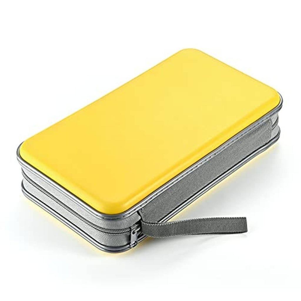 Yellow rectangular hard plastic CD/DVD case with gray fabric strap and zipper edge