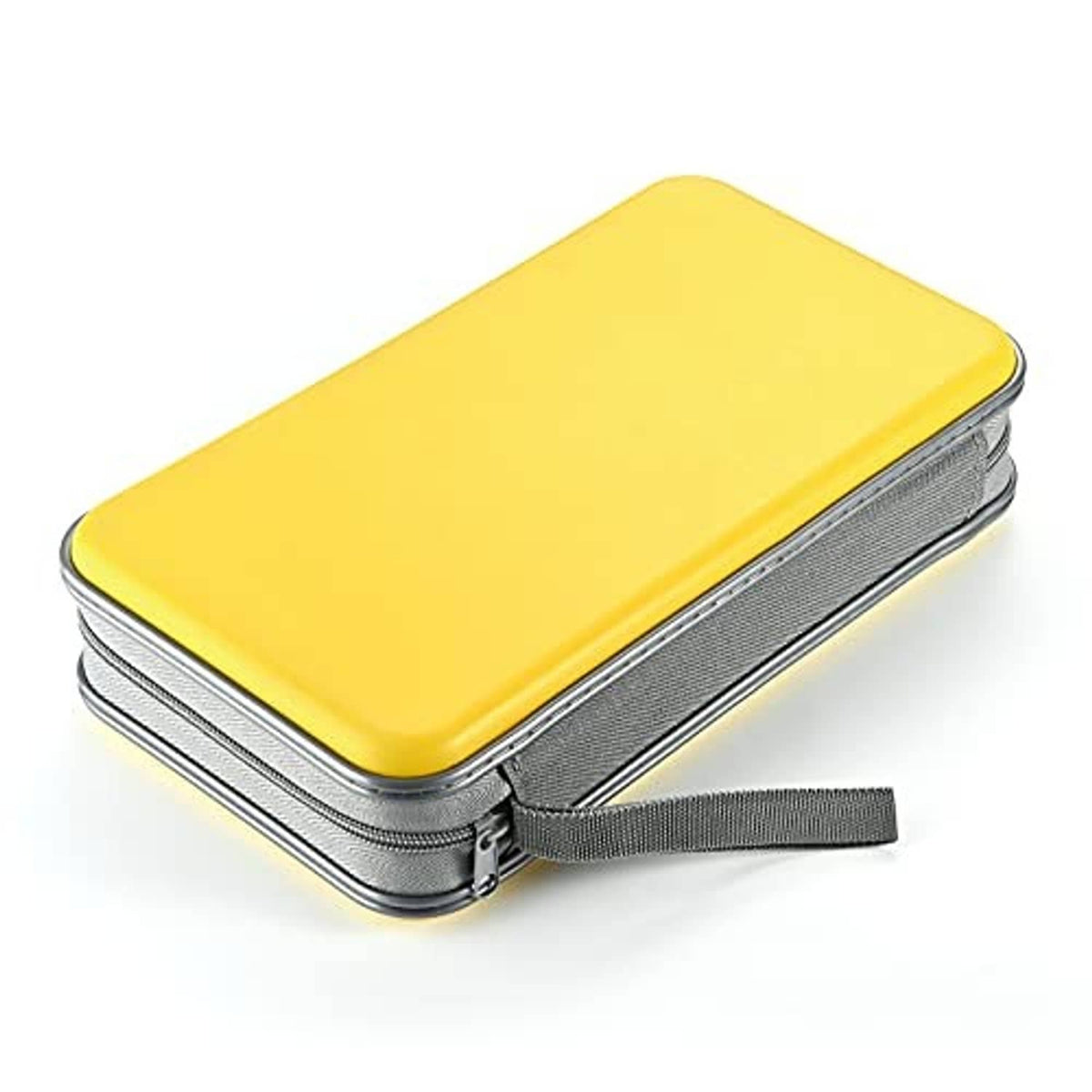 Yellow rectangular hard plastic CD/DVD case with gray fabric strap and zipper edge