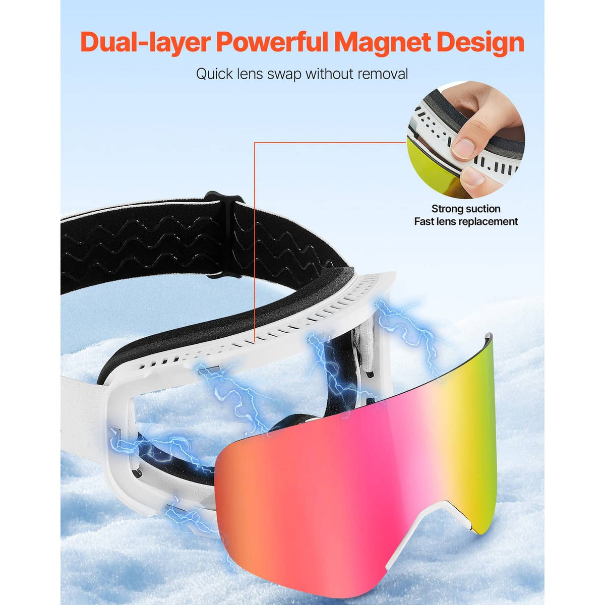 Ski goggles with black strap and mirrored pink cylindrical lens, dual-layer look