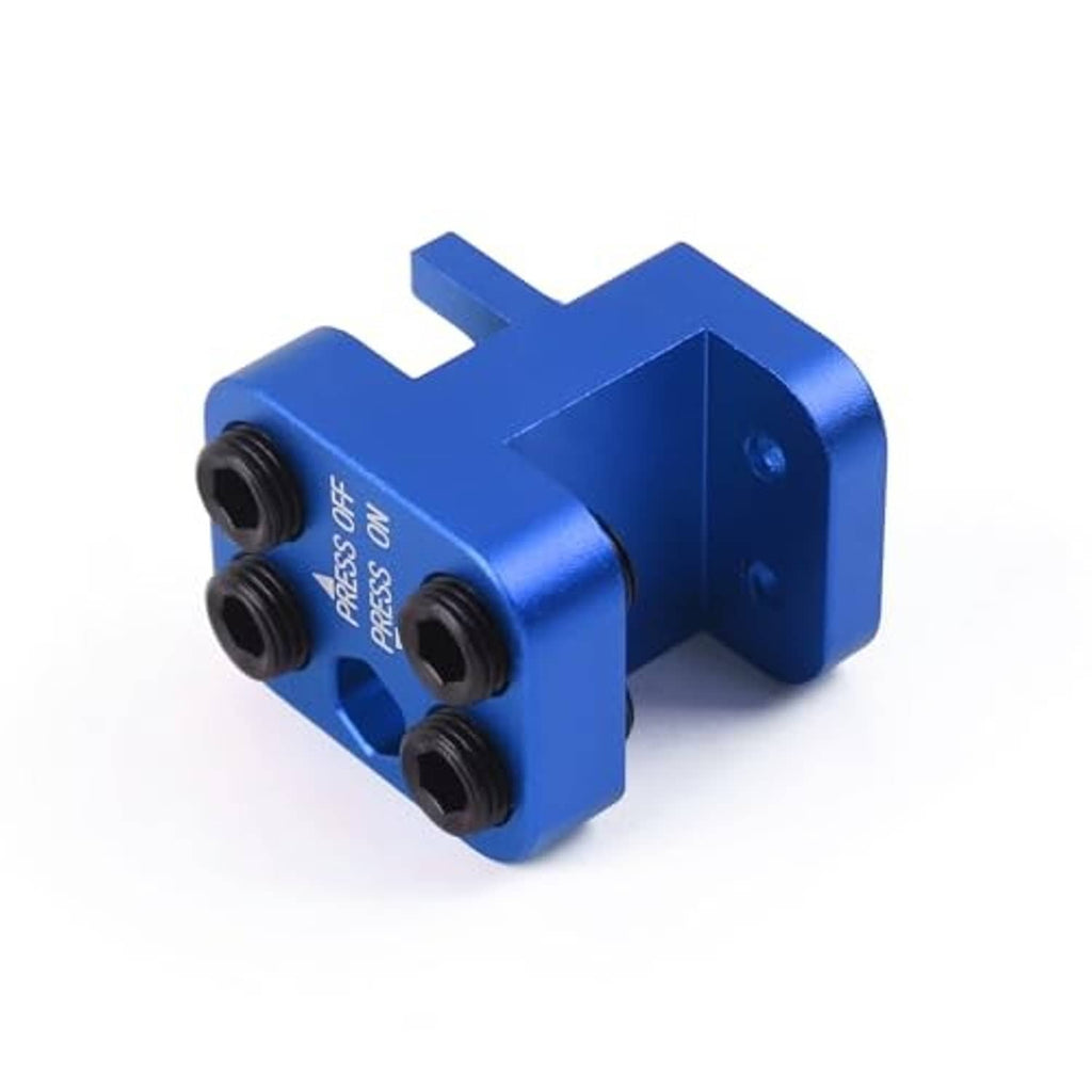 Blue chain link press tool end view with black dies and press off/on markings