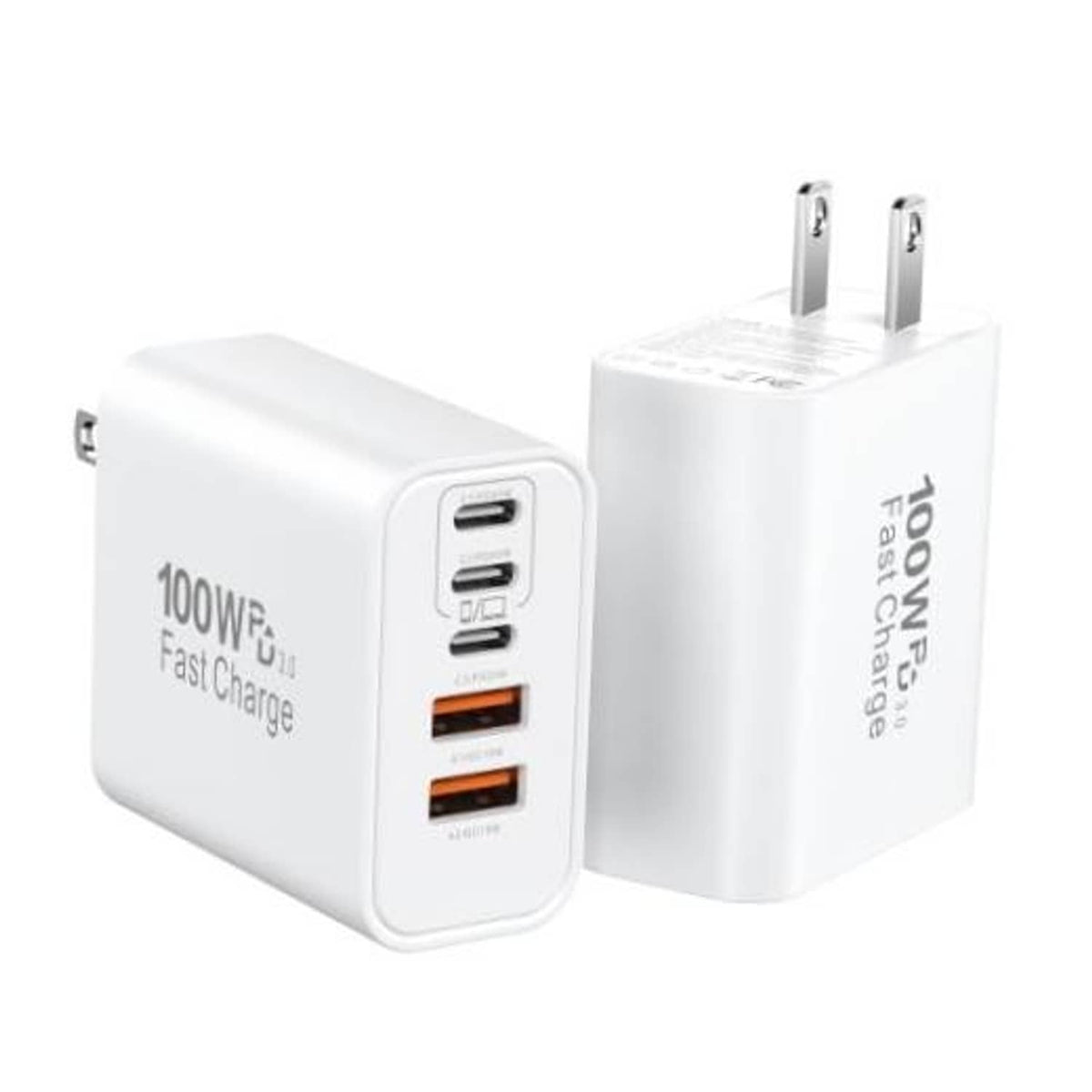 White USB-C fast charging cube with stacked USB ports, orange indicator, US plug.