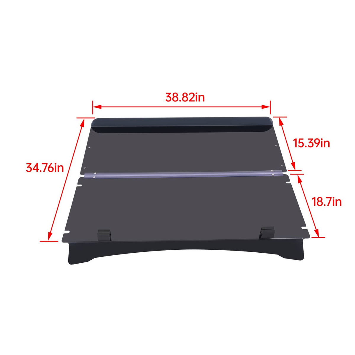 Tinted fold-down flip windscreen panel dimensions view, dark gray shield