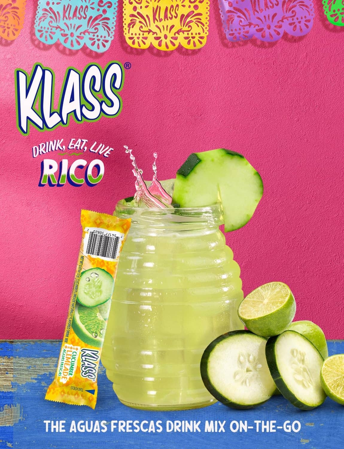 Klass RICO aguas frescas drink mix stick pack with green lime drink jar
