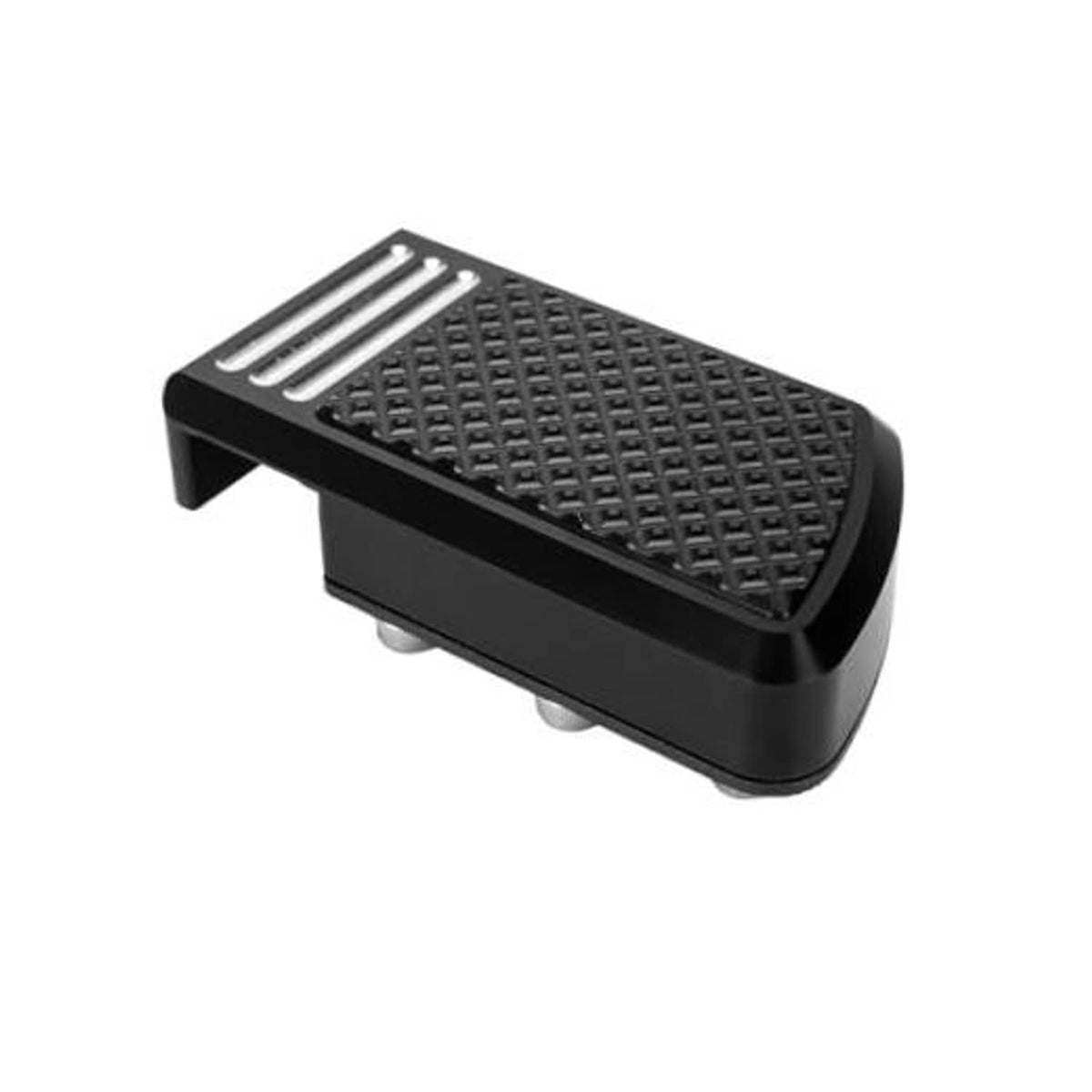 Motorcycle brake pedal pad, black textured tread with three silver grip bars