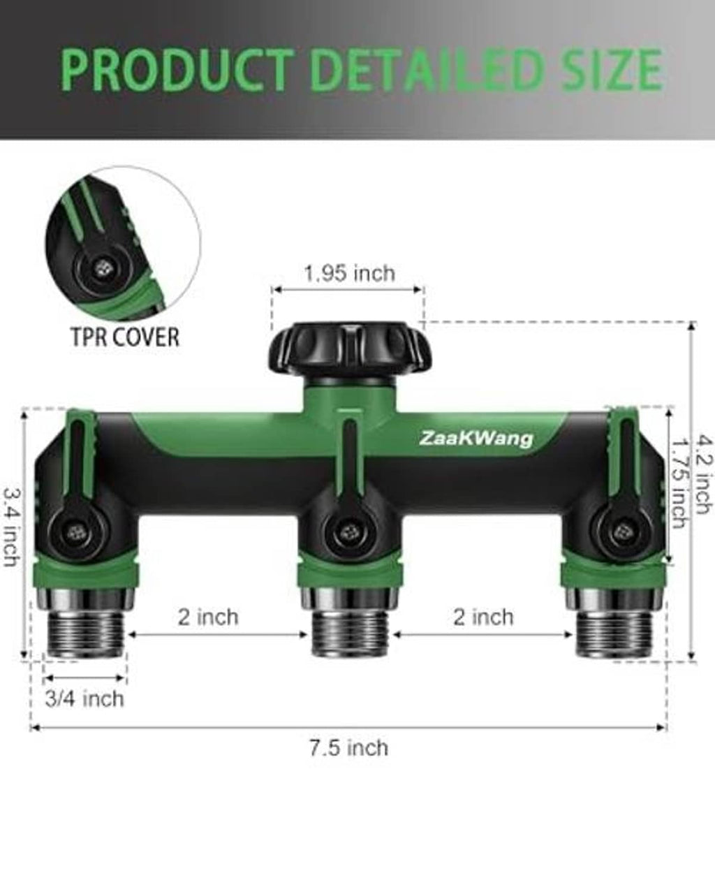 Green 3-way hose splitter diagram showing labeled sizes and three threaded outlets