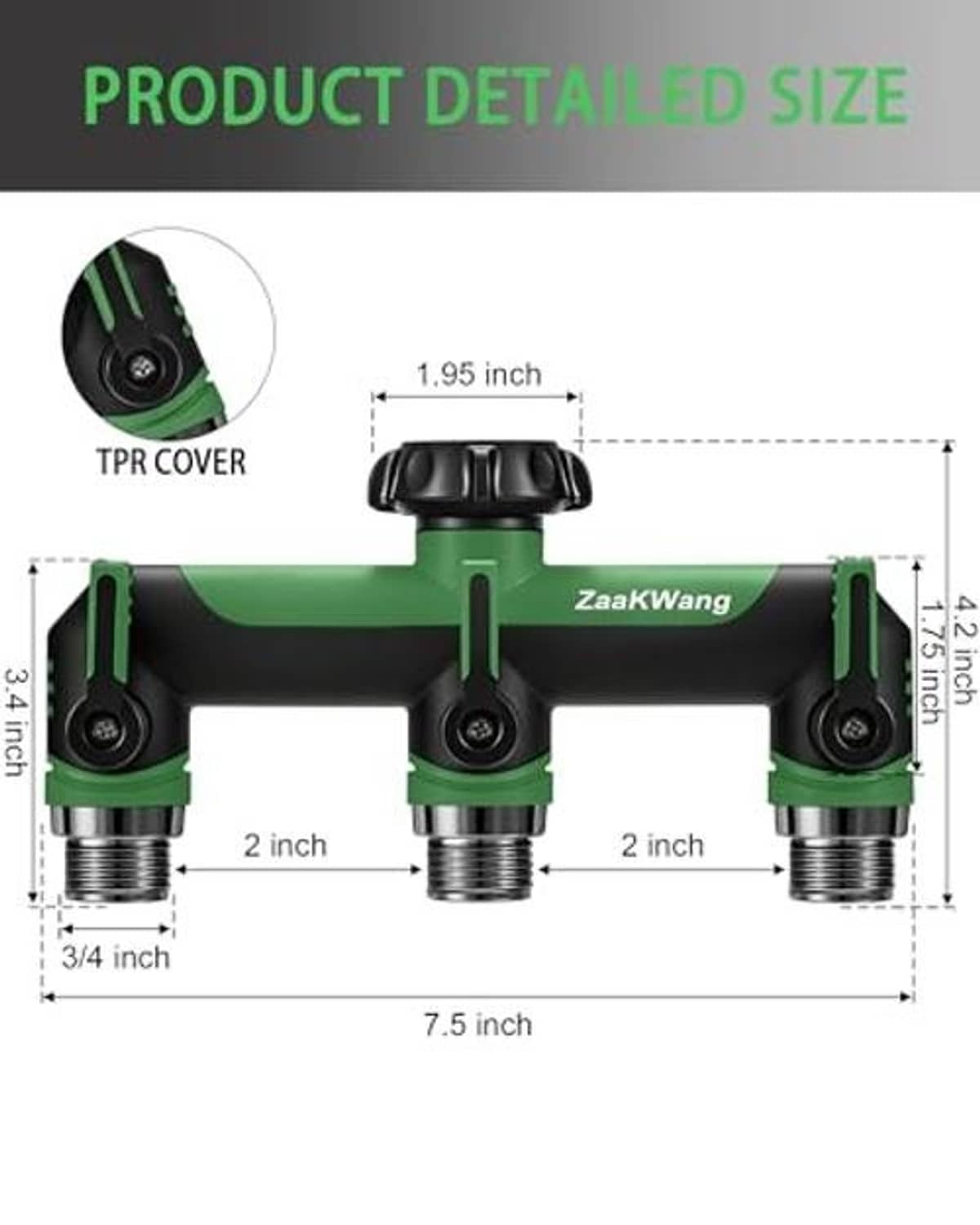 Green 3-way hose splitter diagram showing labeled sizes and three threaded outlets