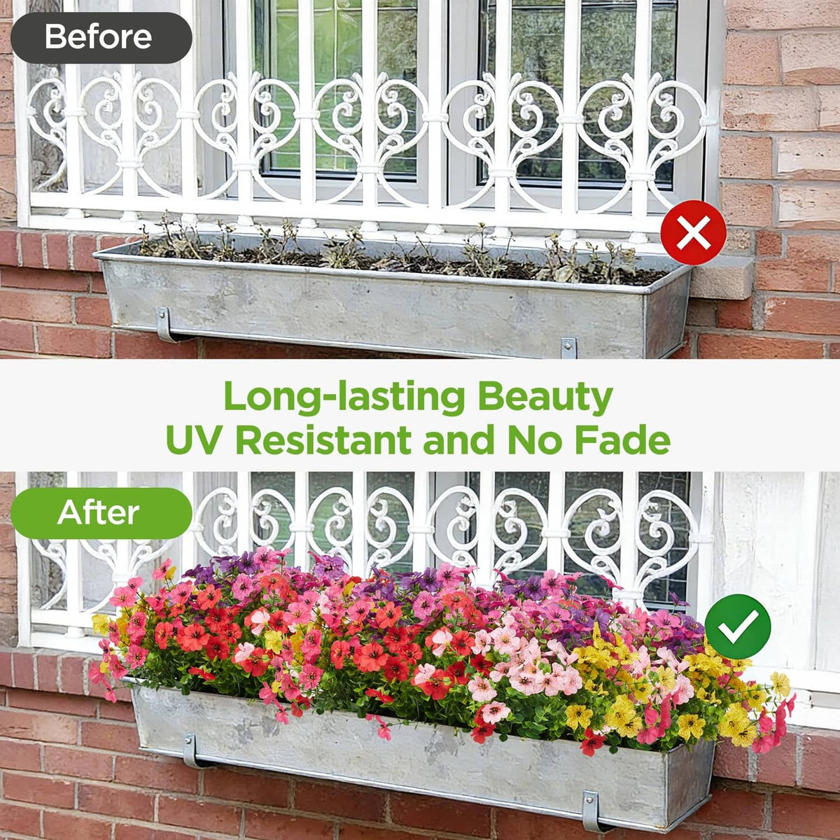 Outdoor planter with artificial mixed pink, red, and yellow blossoms in a metal trough
