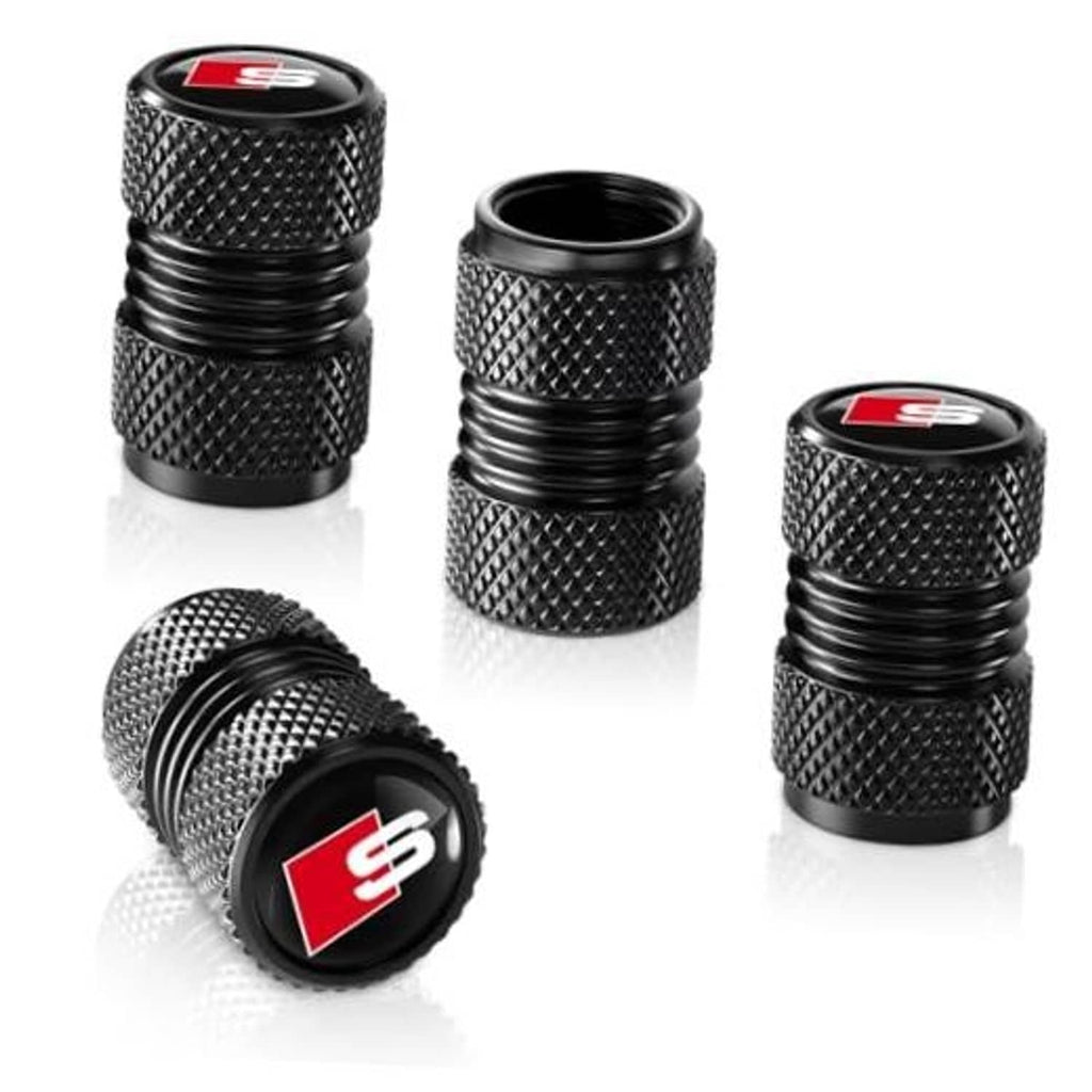 Black tire valve stem cap set with textured grip and red S logo