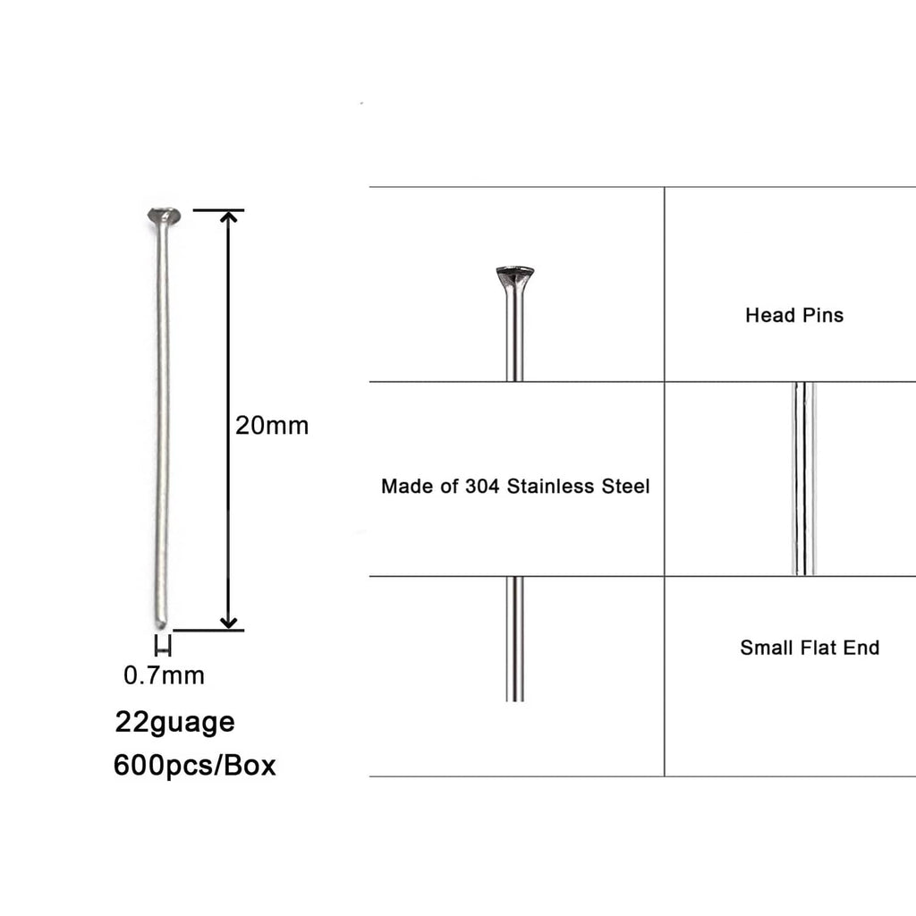 304 stainless-steel head pins, flat end, 20mm length, silver