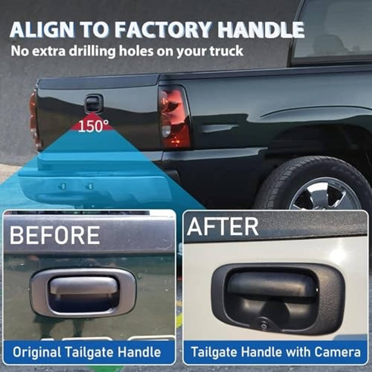 Tailgate handle with backup camera installed, showing updated handle opening