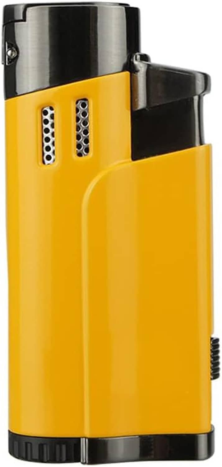 Yellow torch lighter with chrome cap and vented front panel, no flame