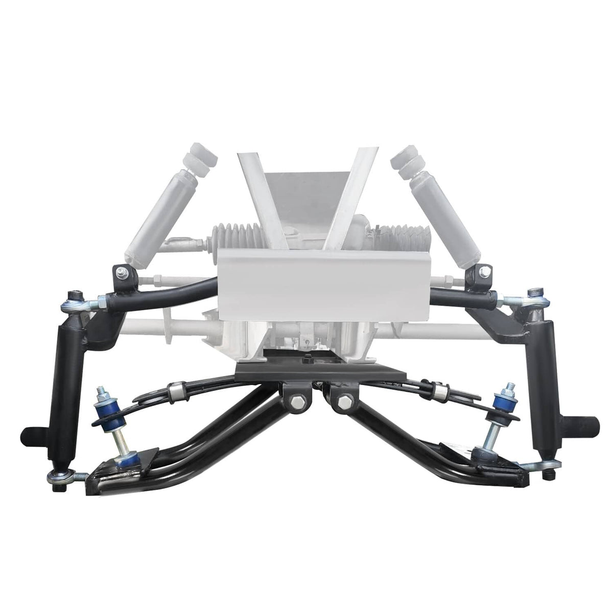 Front double A-arm lift assembly with black control arms and silver brackets