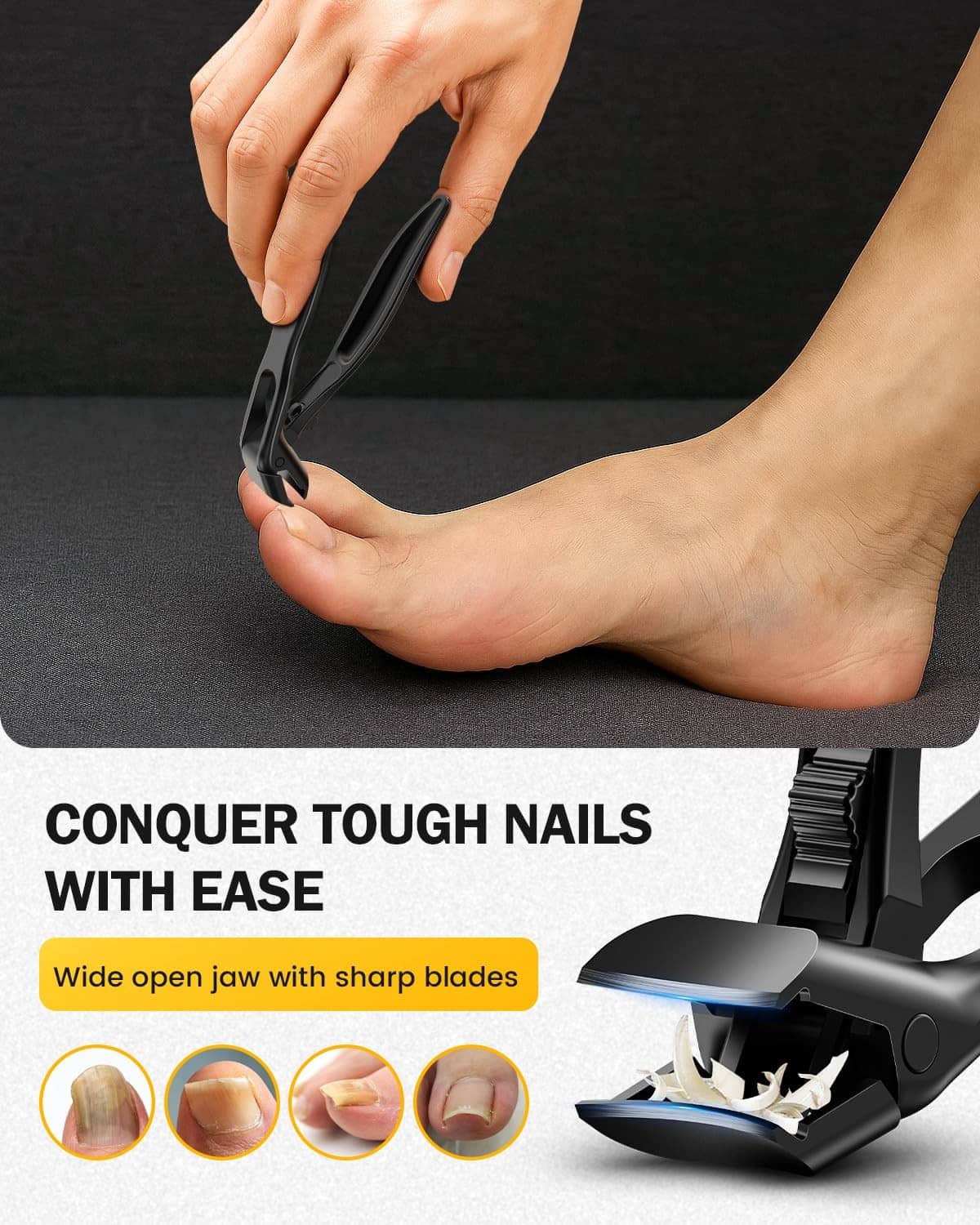 Black BEZOX toe nail clippers trimming a toenail with wide open blades
