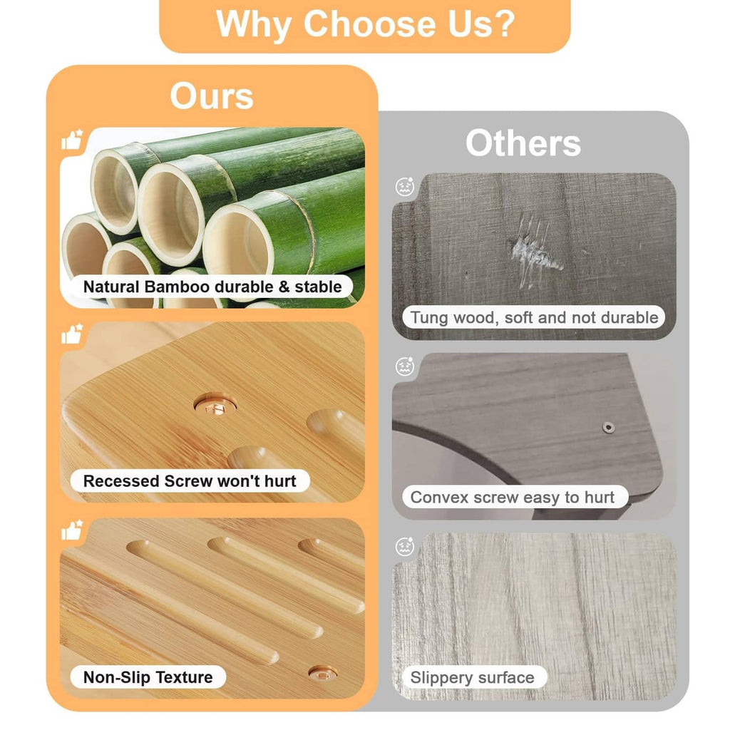 Bamboo toilet stool top view with recessed screws and smooth slatted surface
