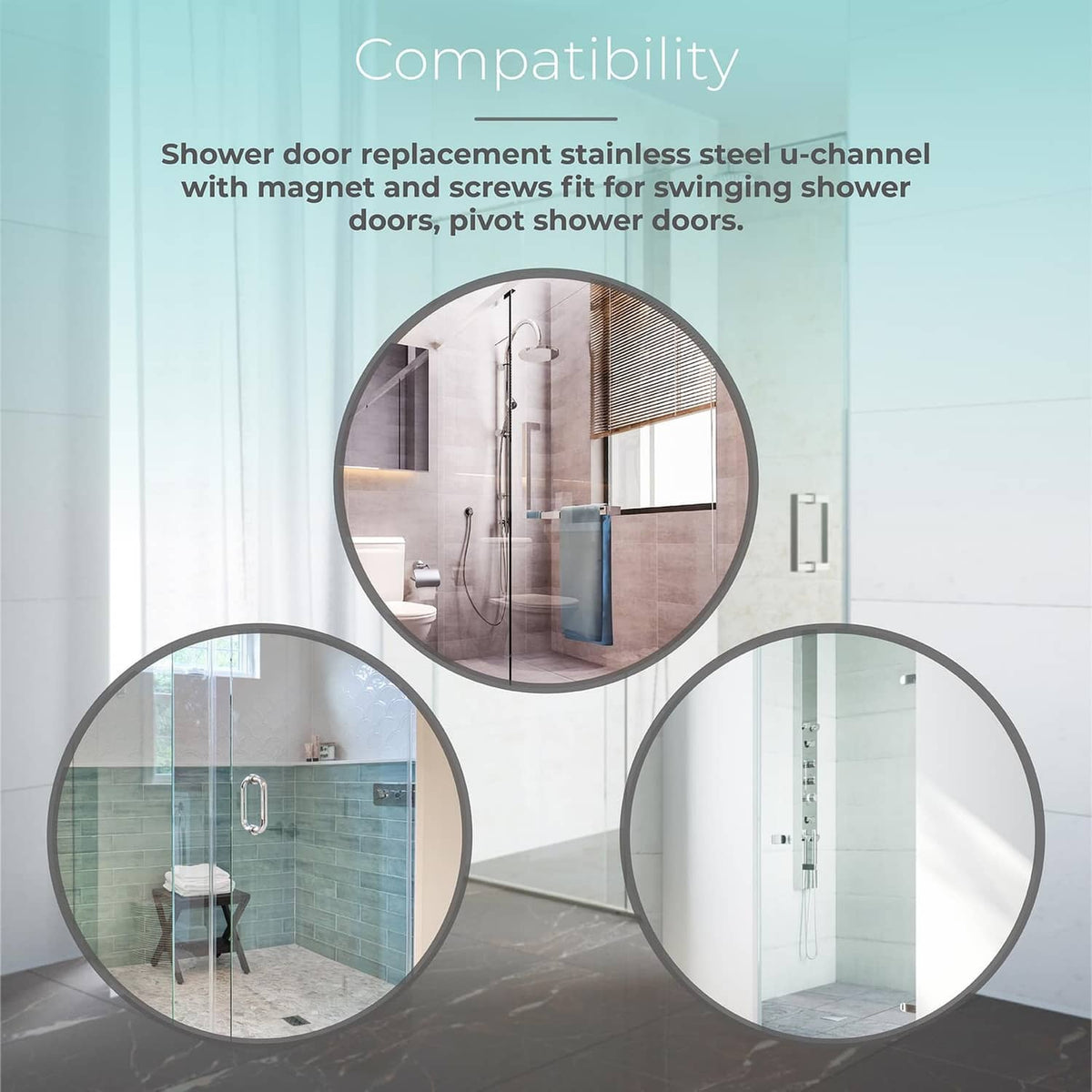 U-channel shower door magnet strip with screws for pivot and sliding shower doors