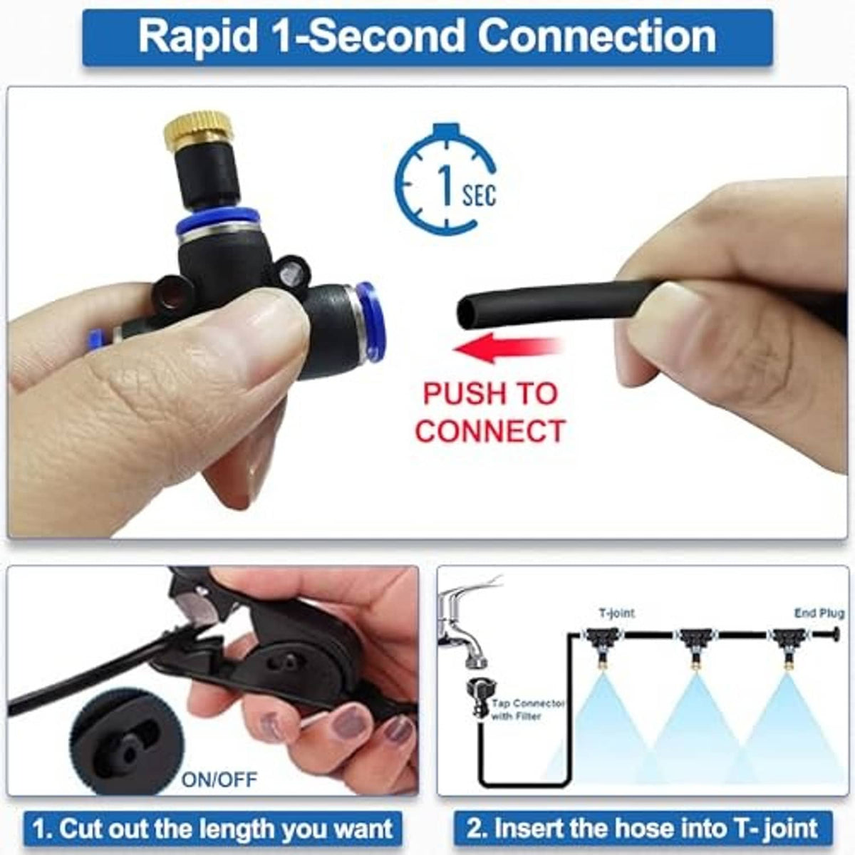 Water misting quick-connect fitting with push-to-connect sprinkler nozzle parts