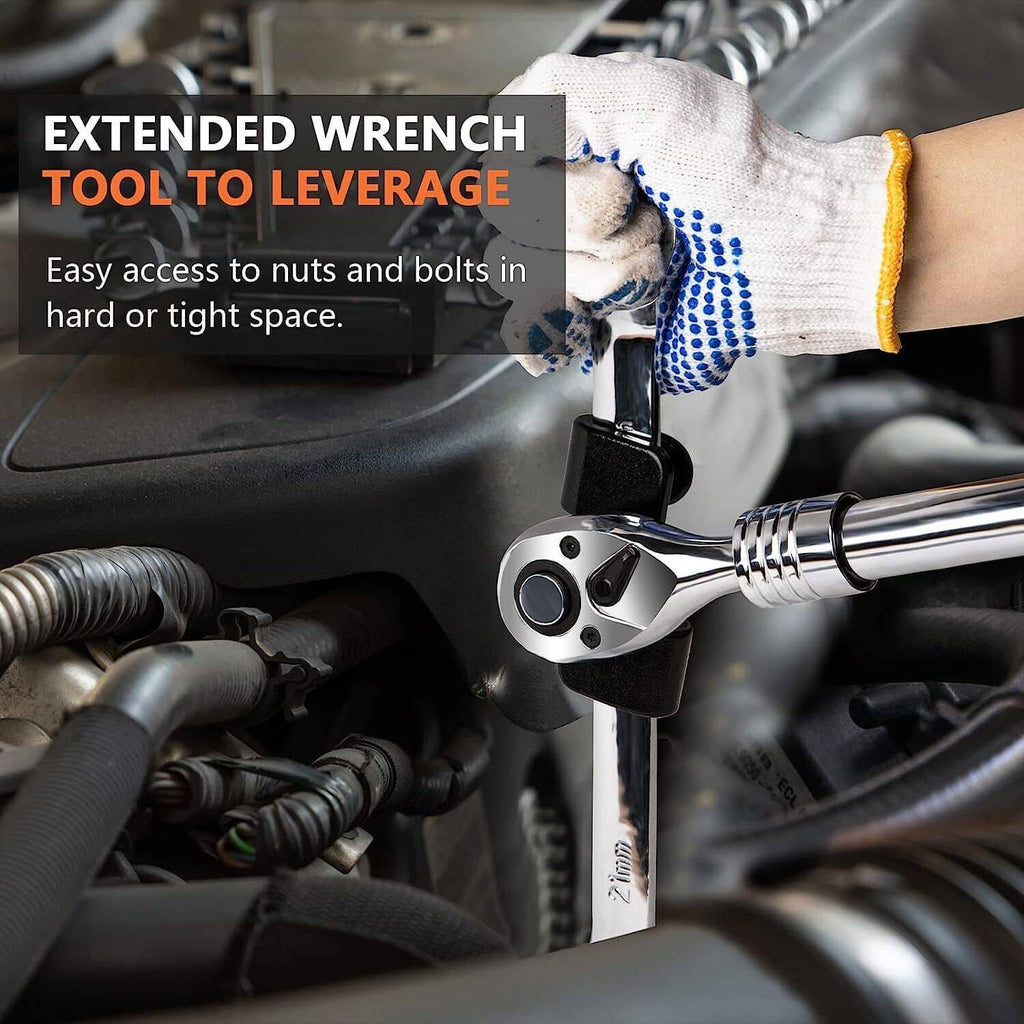 Wrench extender adapter attached to socket wrench for leverage in tight spaces