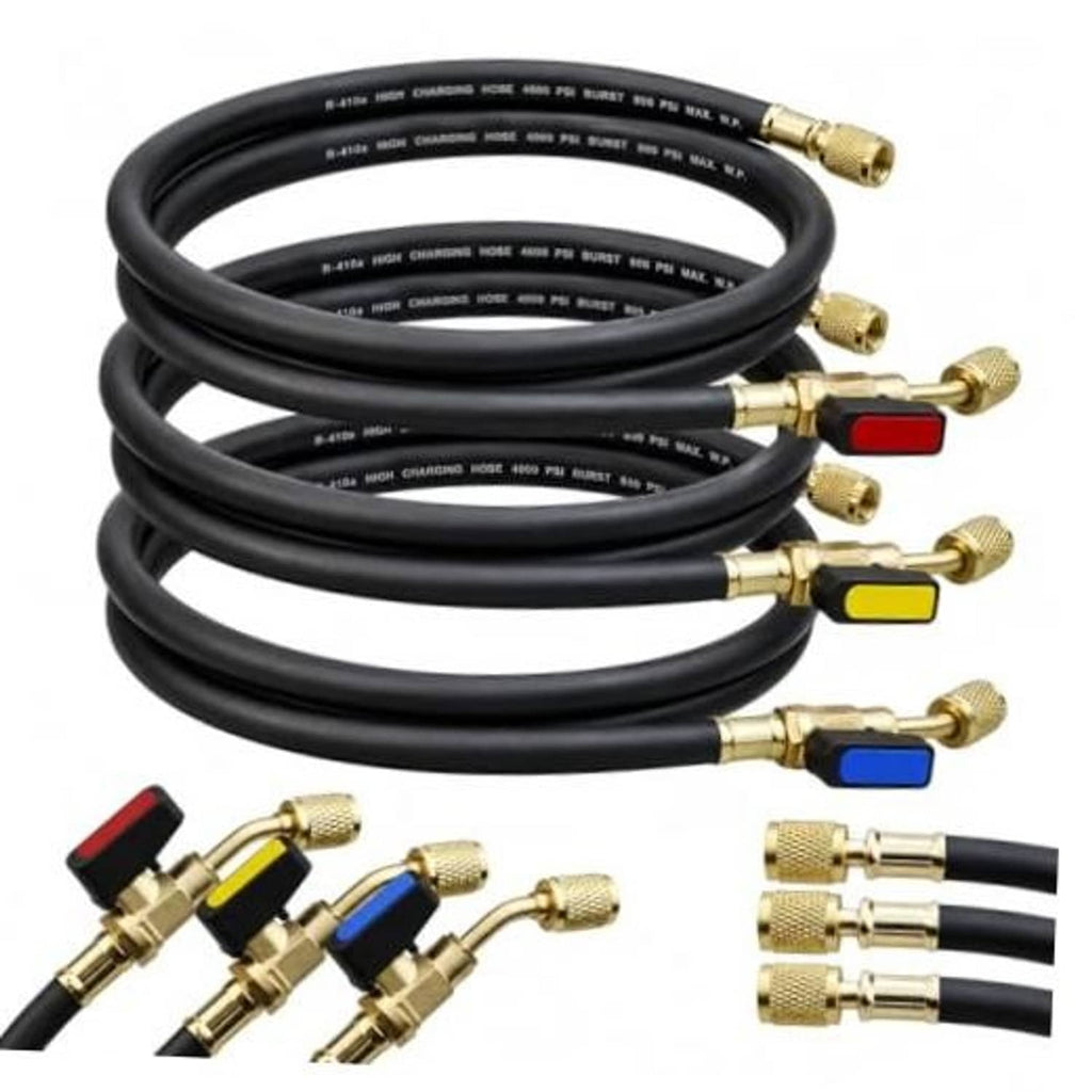 Black AC refrigerant hose kit with brass fittings and red, yellow, blue ball valves