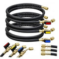 Black AC refrigerant hose kit with brass fittings and red, yellow, blue ball valves