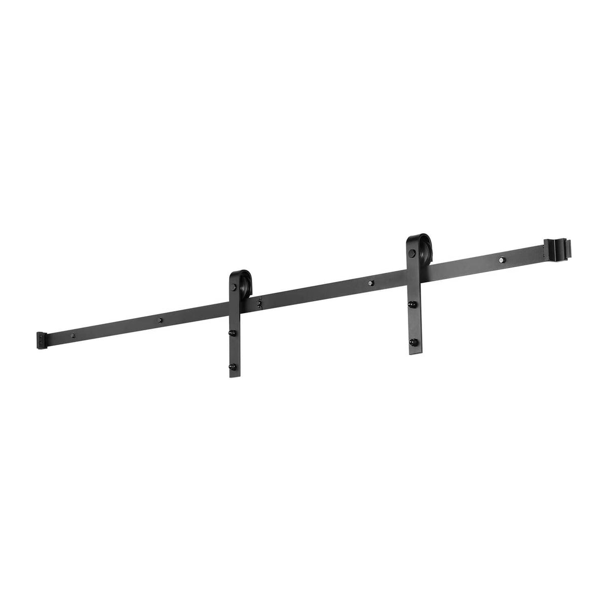 Black sliding barn door track with roller brackets and end stoppers on each side