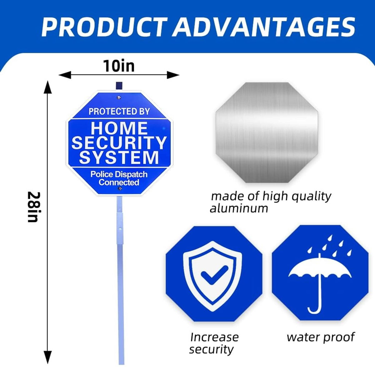 Blue octagon security sign graphic, 10 in size, 'PROTECTED BY HOME SECURITY SYSTEM'