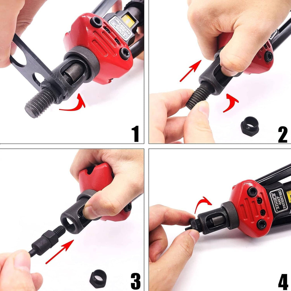Replacement mandrel installation on red rivet nut tool, threaded end close-up