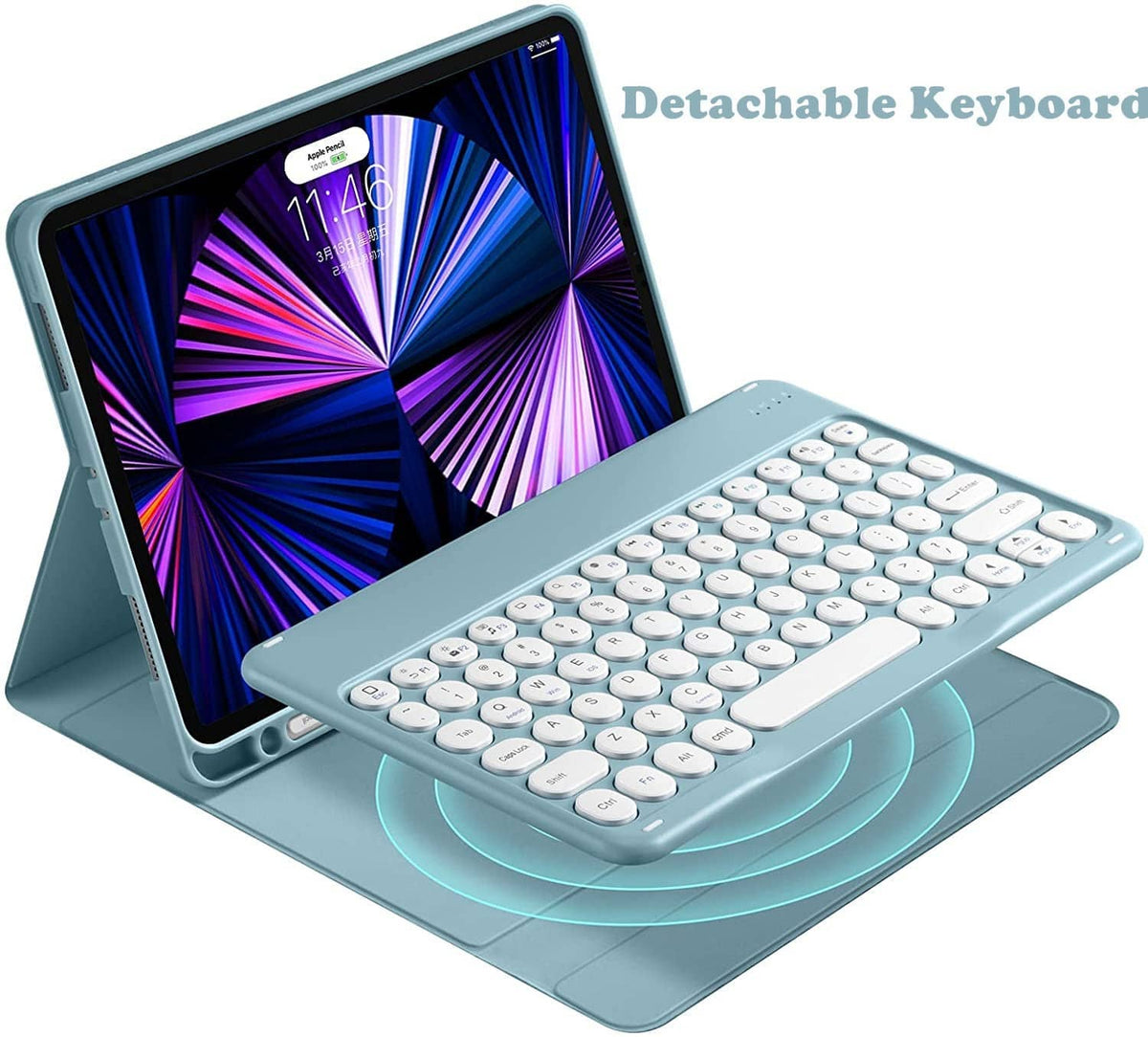 Mint blue tablet keyboard case with detachable keyboard and angled viewing stand
