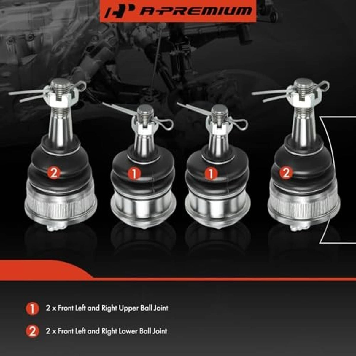 Front upper and lower ball joints set, chrome studs with black rubber dust boots