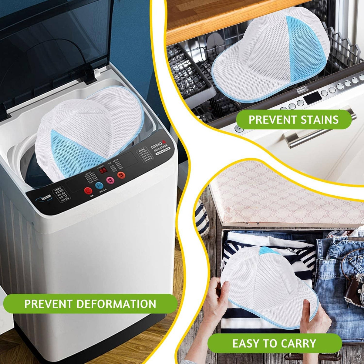 Two white and blue mesh cap wash bags in a dishwasher rack and handheld storage
