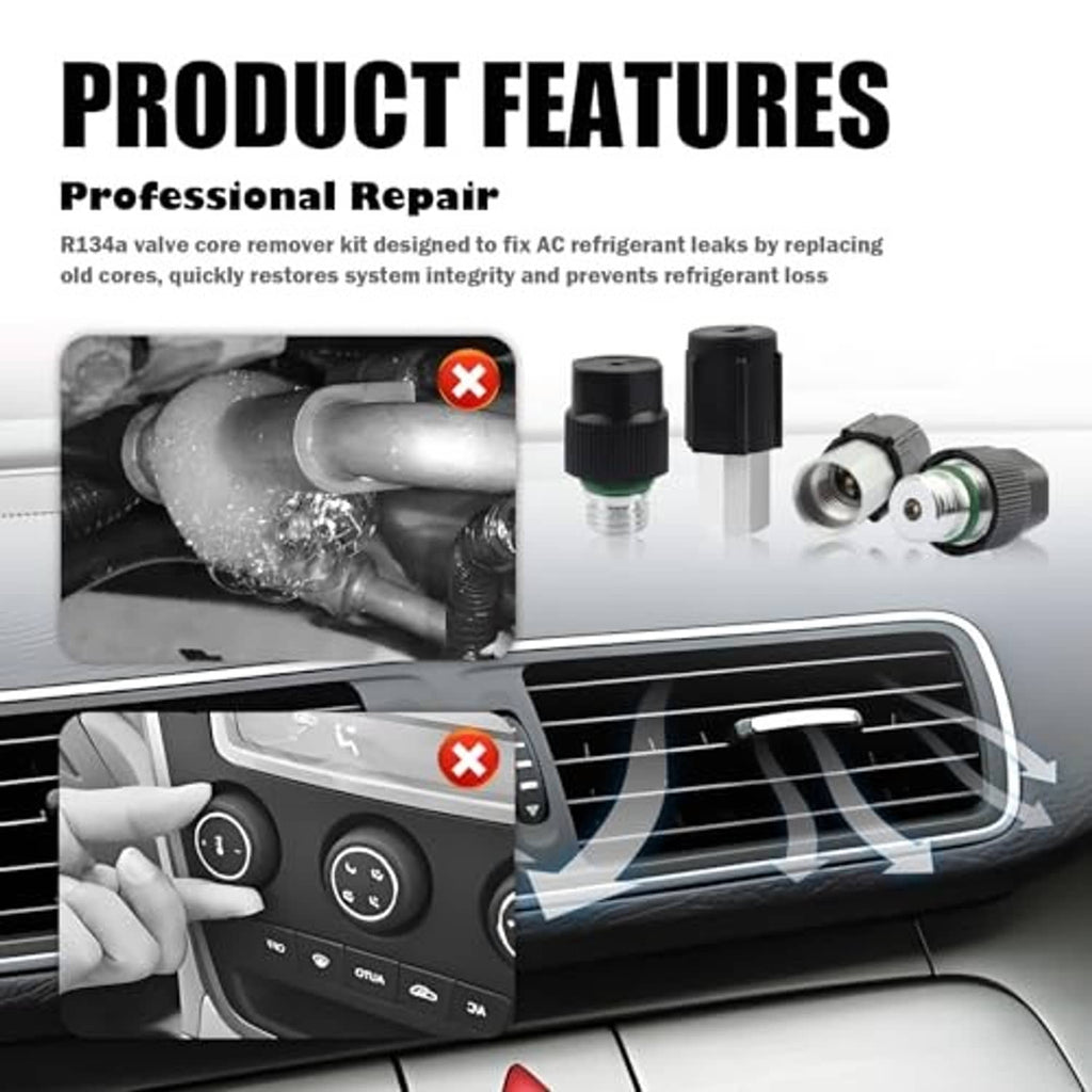 AC valve core remover kit with valve cores and tools for refrigerant leak repair