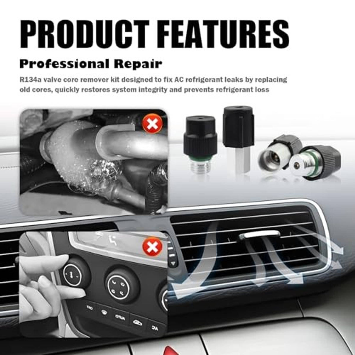 AC valve core remover kit with valve cores and tools for refrigerant leak repair