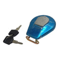 Blue motorcycle fuel tank cap with metal lock and two keys