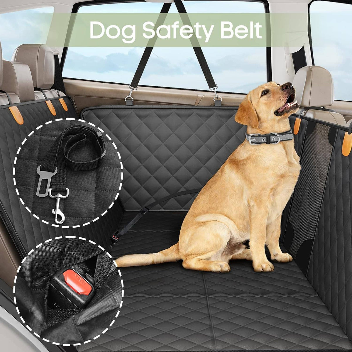 Black dog car back seat cover with safety belt and quilted padded surface